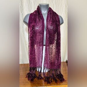 Elegant Burnt Out Velvet Design Scarf in Burgundy Tassels on the bottom